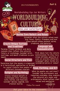 Worldbuilding Culture: How to Create Rich and Realistic Societies 🌍✨ Learn how to develop detailed cultures for your story’s world with these essential worldbuilding tips. From traditions and values to social structures and rituals, explore how to build immersive and believable societies that enhance your fantasy, sci-fi, or historical fiction. Perfect for writers looking to create dynamic settings with unique cultures that captivate readers. #WorldbuildingCulture #CreativeWriting #WorldbuildingTips #FantasyWriting #StoryDevelopment