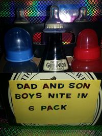 Daddy to be baby shower gift. Replace 3 bottles of Dad's favorite beer with 3 baby bottles. Cover the top of the beer bottles with nipples! Cheap and cute gift. Let Daddy know he's not forgotten at the shower!