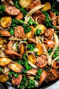 This recipe ticks all the boxes—a little meaty, some dark leafy greens, and some starchy goodness. An easy one-pan sausage, kale and potato skillet that pleases everyone, from cook to clean-up crew.