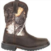 The Rocky Kids' Ride FLX eight-inch brown and Realtree Camouflage wellington featuring Rocky Waterproof is a great durable western boot for kids that like to go outside and play. #rocky #realtree #camo #kidsboots