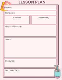 Simplee but cute lesson plan template.  Pink shades with simple graphics.  Lesson Plan categories include:  SUbject Standards Materials Vocabulary Hook & Objectives Lesson Discourse Exit Ticket & HW  After purchase, you will receive a PDF.  On the PDF click the link to open and edit the template!