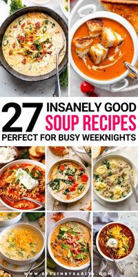 From healthy, protein-packed soup recipes to the classic and easy tomato soup, we have everything you’re looking for right here. Find 27 tasty soup recipes including broccoli cheddar potato soup, baked potato soup, olive garden chicken gnocchi soup, and more! | best ever soup recipes, best soup recipes ever few ingredients, soup recipes with chicken, soup recipes with ground beef, soups, soup recipes |