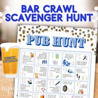 Spice up your night out with our Pub Crawl Bingo, the ultimate bar scavenger hunt game! Whether it's a regular Saturday night or a special event like a 21st birthday, bachelor, or bachelorette party, this game brings excitement and laughter to any pub crawl or night out. With 25 engaging tasks to complete at a single bar or across multiple stops, this bingo game is versatile and perfect for any setting. Challenge your friends to find specific items, take fun pictures, or interact with others to