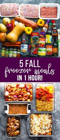 Stock your freezer up with five healthy dinners in just one hour. This fall freezer dinner stock up is made with wholesome ingredients, delicious, and easy to prepare. #sweetpeasandsaffron #freezer #mealprep #roundup #makeahead #healthy