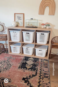 Storage bins make organizing such a breeze. Stack ’em up on a shelf or place them in any room—throw in toys, laundry, kitchen essentials & more to keep any space clutter-free. Psst! Set up a covered DIY shoe rack with these aesthetic cubes.