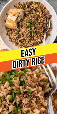 Easy Dirty Rice recipe for the classic Southern favorite! Savory hearty rice filled with ground beef, sausage, veggies, and Cajun flavor!