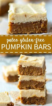 Paleo pumpkin bars with maple frosting. These bars are healthy, gluten-free, refined sugar free and paleo! They're perfect for a special diet but taste delicious. They're the best pumpkin spice recipe this fall!