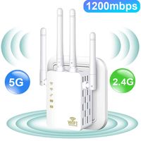 1200Mbps WiFi Repeater 5 Ghz WIFI Extender Wireless Wi-Fi Booster Repeater 1200Mbps Network Amplifier 802.11ac Long Range Signal Wi/Fi Repetidor  Warm Tip: The wifi repeater is to help these devices with weak wifi signal at the location like kitchen, washing room, bed room, yard, garage, etc. Don't use to compare the wifi speed with router's, it would be useless, don't buy on this purpose. Specification for version - 1200M, 4 antenna, 5G & 2.4G ProductType: WIFI Repeater, 1200M Color: White