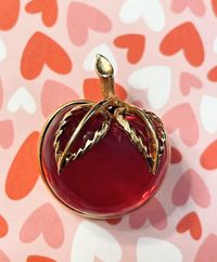 Sarah Coventry Book Piece 1968 Red Lucite Apple Brooch Goldtone Leaves 1" x 1.5"