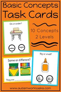 These task cards are perfect to practice basic concepts in special education classrooms or speech therapy. These back to school activities are also great independent work tasks in autism classrooms! Two levels provide visual supports and practice with both receptive and expressive answers. Can be used with clothespins or dry erase markers for independent work that also targets fine motor skills and writing!