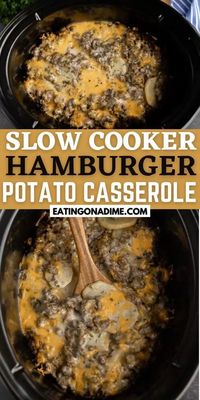 This Crockpot Hamburger Potato Casserole Recipe is perfect! It is the best ground beef casserole recipe and it great any day of the week. This crock pot hamburger and potato casserole is easy to make and the entire family will love this simple slow cooker recipe. #eatingonadime #crockpotrecipes #slowcookerrecipes #hamburgerrecipes