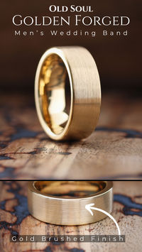 Introducing the Old Soul Golden Forged – the wedding band for the man who believes if it ain’t broke, don’t fix it! This ring keeps the classic yellow gold look that’s been winning hearts for centuries but sneaks in a little modernism with its brushed texture and tungsten strength. It's like your granddad’s ring, but tougher and better looking. Perfect for the guy who values tradition but isn’t afraid of a little upgrade. Wear it and show the world that old school cool never goes out of style.