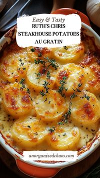 "Indulge in the creamy, cheesy perfection of **Ruth's Chris-Inspired Potatoes au Gratin**! This easy-to-follow recipe brings the rich, buttery flavors of your favorite steakhouse right to your kitchen. Perfect for holidays, family dinners, or a decadent side dish, these potatoes are layered with velvety cheese and a golden crust. Impress your guests with this irresistible comfort food classic!"