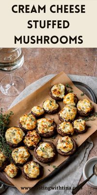 These Cream Cheese Stuffed Mushrooms are a delightful bite sized little treat. The mushroom caps are filled with cream cheese that is mixed with parmesan, thyme, rosemary and sage. This is a perfect party appetizer or they even make a great side dish!