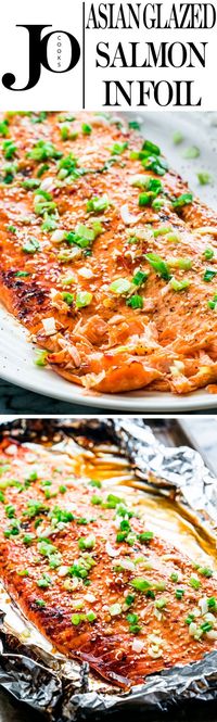 This Asian Glazed Salmon in Foil is probably the easiest way to make fish. This salmon bakes in 25 minutes, it's juicy and loaded with flavor, not to mention it's good for you! #salmon #asian #glazedsalmon #salmoninfoil