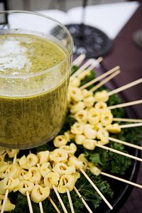 tortellini skewers with pesto dipping sauce, great appetizer idea