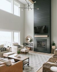 Beautiful tall vaulted shiplap fireplace #shiplap #shiplapfireplace