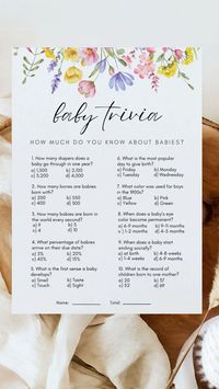 Baby shower game idea, baby trivia. Our printable baby shower games are here great for a spring theme baby shower. Baby in bloom baby shower template is an instant download ready to be edited and printed.