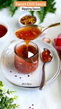 Ritu Khemka on Instagram: "Sweet Chili Sauce 🌶️🤤❤️

I guarantee after trying this homemade sweet, spicy & tangy chili sauce recipe it will become a favorite staple in your home and you will never buy it again 😍

It’s quick and easy to make, free of additives, preservatives and tastes WAY better than the store-bought! 😋❤️ 

📌 Save & Share the recipe!
Follow @thehealthyrasoi for more

Ingredients:-
1/3 cup water
1/3 cup white vinegar 
1/3 cup sugar
1 tbsp chili flakes 
1 tbsp red chili powder 
1 tbsp garlic, minced
1/4 tsp salt
1 tbsp corn flour mixed with 1/4 cup water to make slurry. 

Place all of the ingredients except for the cornstarch slurry in a small saucepan and cook for 5 minutes on medium low, stirring occasionally. Now add the cornstarch slurry. Continue stirring for about 