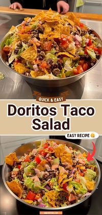 Enjoy a fun twist on taco night with this Doritos Taco Salad! It combines crisp lettuce, juicy tomatoes, seasoned beef, and cheddar cheese, all topped with crushed Doritos for that extra crunch. It's simple, satisfying, and perfect for a quick, flavorful meal. #TacoSalad #DoritosDelight #QuickMeals