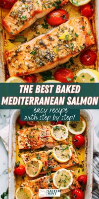 Enjoy this Greek Salmon recipe that's both healthy and delicious. Mediterranean salmon at its best—tender, flaky, and lemony. One of our top easy baked salmon recipes!