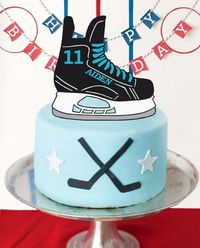 Handmade by FlyingOwlStudio on Etsy - This Hockey Skate Cake Topper is perfect for any Sports themed party! Personalize it with your choice of Name & Number, making it extra special! Shown here in a few example colours, there are 40+ colours to choose from. Measuring 7" wide, it's just the right size for an 8" cake. If you require a different size, no problem, just ask!