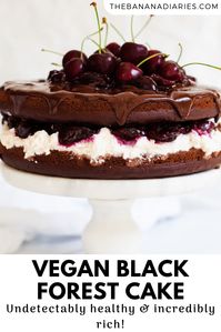 The most decadent vegan black forest cake filled with sweet cherries and a coconut whipped cream, and topped with a dairy free ganache! You won't believe this cake is vegan nor refined sugar free!