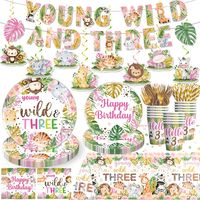 PRICES MAY VARY. What's in the package: A huge set of young wild and three decorations contain 1 "young wild and three "colorful banner, 8pcs safari wild and three hanging swirls with cutouts, 20pcs 7" plate, 20pcs 9" plate, 20pcs young wild and three birthday napkins, straws, forks and cups, 1pc safari wild and three party decorations tablecloth (70.8"*42.5") suitable for young wild and three party decorations Young wild and three party decorations: Young wild and three plates and napkins use paper material, tasteless, and durable. Safari pattern color printing is clear and does not fade. Young wild and three decorations tablecloth is made of plastic, waterproof and oil-proof, odorless, heat-resistant and durable Jungle young wild and three design: young wild and three party decorations c