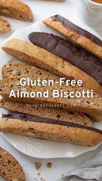 2hr · 24 servings     This gluten-free biscotti is light, crisp and perfect for dunking into coffee, warm milk, or hot chocolate. It makes a special breakfast or a light dessert – nobody will be able to tell it's gluten-free! Full recipe at meaningfuleats.com  Ingredients:  • 1 cup almonds, raw-unsalted  • 2 cups gluten-free 1:1 baking flour  • 1 tsp baking powder  • 1/2 tsp baking soda  • 1/2 tsp ground cinnamon  • 1/2 tsp salt  • 4 large eggs  • 3/4 cup granulated sugar  • 1/4 cup packed brown sugar  • 1 tsp almond extract  • Egg wash: 1 egg + 1 Tbsp milk, whisked together until smooth  • high-quality semi-sweet chocolate for dipping