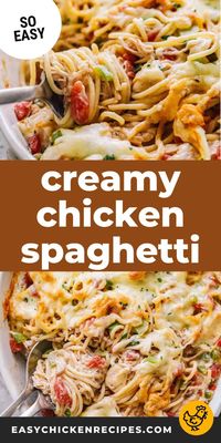 You can't go wrong with this Creamy Chicken Spaghetti recipe! It's an easy, cheesy baked pasta that's pure comfort food. Make a big batch and enjoy this satisfying chicken casserole any time!