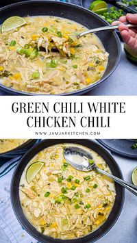 This Green Chili Chicken Chili is comforting, spicy and a breeze to throw together, using ingredients you probably already have in your pantry.