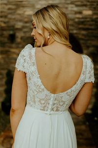 7747 | Stella York | Simple Lace and Chiffon A-Line Wedding Dress with Cap Sleeves | Essense Designs