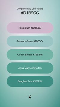 Complementary Color Palette Rose Blush #D1B9CC · Seafoam Green #99C5C4 · Ocean Breeze #72B3A6 · Aqua Marine #53A195 · Seaglass Teal #3E8E84 · Rose Blush #d1b9cc: A delicate embrace of warm pink with a hint of crimson, whispering stories of love and gentle strength. ·  #BlushPink #Color #ColorPalette #DustyRose #Hex #PeachRose #RoseBlush #SoftRose · Kid’s Pattern