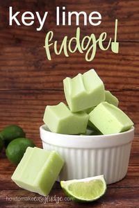 This refreshingly sweet and slightly tart key lime fudge is a perfect treat to serve at any spring or summer event and you won't have to spend a lot of time in the kitchen making it. In about 10 minutes you can turn two ingredients into delicious fudge. Recipe at HowToMakeEasyFudge.com. #keylime #fudge #easyfudge