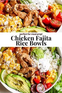 Chicken Fajita Bowl - a delicious, flavorful homemade chicken fajita bowl that is perfect for meal prep and kid-friendly! #chickenfajitabowl #chickenfajitabowlrecipe #chickenfajitabowlhealthy #chickenfajitabowlmealprep #chickenfajitabowlwithrice