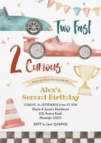 Two fast 2 curious race car themed birthday party invitations. Boys' car racing birthday party invites. afflink