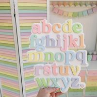 Alphabet signs. Brand new for 2023- pastel rainbow alphabet signs in your favourite tilda loves teddy shades.  These match up with the rest of our nursery range perfectly.  Each sign measures 34cm in height x 29cm in width.  If you would rather have one colour with a white background just have a look at our colour chart and add a note of your single colour choice.  These signs can be attached to the wall with mounting strips. If you would like holes added this can be done but it  will slightly c