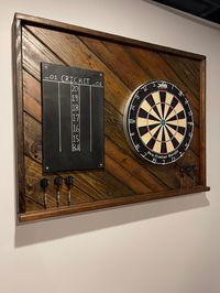 A great addition to your Game Room, Garage, Patio or Man Cave, this Dart Backboard is 40W X 30H.  It is custom made in a variety of stains and adds style and decor to your game. Hanging hardware included. **Optional Score Board** **Backboard has pre drilled holes for darts** Dart Board and darts not included Dimensions 40W x 30H x 4D RETURNS: Are welcome for this product but the buyer must pay for any shipping cost that occur in this transaction.