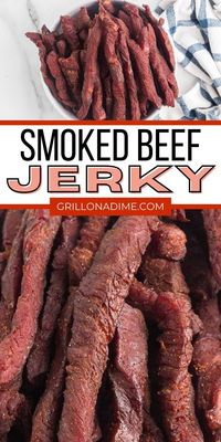 If you love Beef Jerky, then this Smoked Beef Jerky is for you. Simple steps creates delicious jerky that everyone will love. The smoker does all the work with these simple steps. The simple and delicious beef jerky marinade gives the steak so much flavor and is easy to make. #grillonadime #smokedbeefjerky #beefjerky