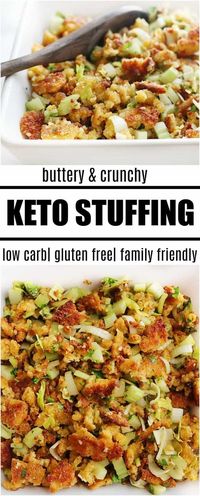 This keto stuffing recipe that is going to become your favorite this holiday season. You can serve it for both Thanksgiving and Christmas. It is a super EASY recipe to put together and has all of the traditional flavors everyone loves. Holidays are stressful enough without having to cook both a low carb and regular stuffing. The answer . . .  make one! This easy recipe for keto stuffing with be the one your entire family will eat this holiday season! #holiday #fall #keto #glutenfree #recipe