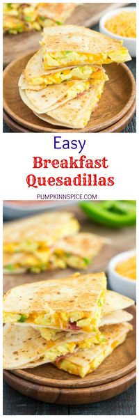 These Easy Breakfast Quesadillas are filled with fluffy, scrambled eggs, green peppers, bacon and cheddar cheeses, all enveloped between two crispy tortilla shells. It's an easy meal that's perfect for busy mornings!