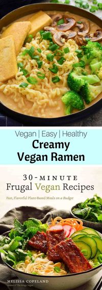 This is the best vegan ramen recipe! It starts with a killer creamy broth made from pantry staples and adds on simple and economical toppings for a filling and delicious bowl of noodle soup.