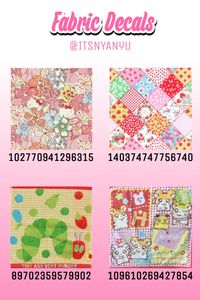 my decals ♥ sanrio, hello kitty, patchwork, quilt, rainbow, kidcore, hamtaro, the very hungry caterpillar <3, strawberries, I miss the game hamham heartbreak so dearly it was my first DS game ♥ works in berry avenue, bloxburg, royale high, etc..