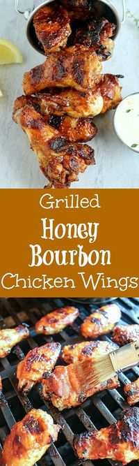 Grilled Honey Bourbon Chicken Wings are sweet and a little spicy, with a mellow bourbon flavor that's hard to beat. Reduce the marinade and baste the wings, and get ready to lick your fingers after every bite #chicken #chickenwings #marinatedwings #cookingwithalcohol #cookingwithbourbon #grilledwings #karylskulinarykrusade