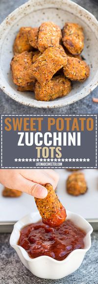 Sweet Potato & Zucchini Tots make the perfect easy & healthy snack. Best of all, they're paleo friendly, gluten free, vegan, and whole 30 compliant. Only a SIX ingredients and kids & adults love them!