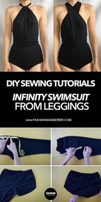 Ever thought about making a swimsuit from a pair of leggings? From halter to one shoulder and cross back style, here is an easy upcycle tutorial to transform old leggings into an infinity swimsuit.