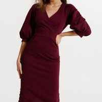 Fitted Midi Dress With A Deep V-Neck, Voluminous ¾ Sleeves. New With Tags. Looks Very Classy. Hidden Back Zip Viscose - 70%, Cotton - 30%