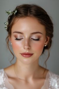 Soft light bridal makeup creates an effortlessly natural and radiant look for the big day. With subtle shades on the eyes, soft blush on the cheeks, and a light, nude lip, this style enhances the bride’s natural features.