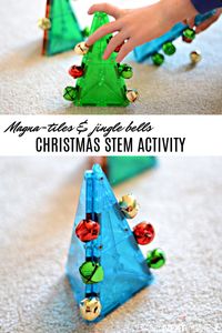 Christmas STEM activity for kids using magnetic tiles and jingle bells