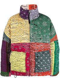 green/multicolour down-feather filling patchwork design colour-block design bandana print high neck front zip fastening two front patch pockets drawstring hem long sleeves straight hem